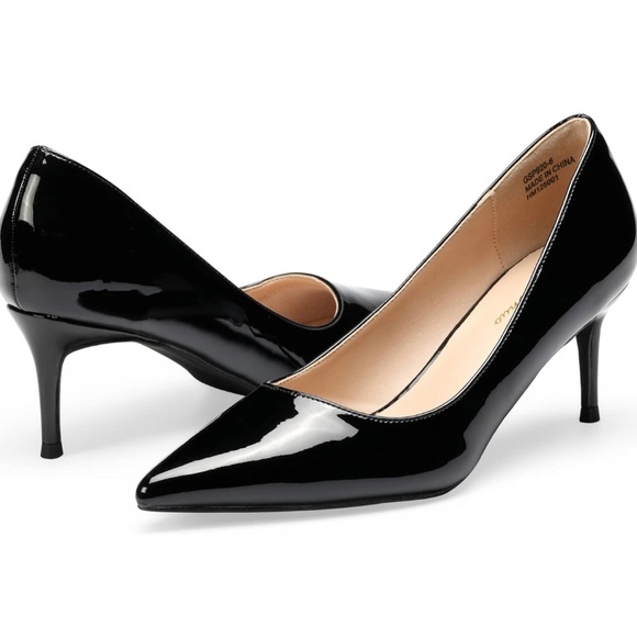 Black Faux Vegan Leather Low Heel Pointed Stilettos - Picture 2 of 12